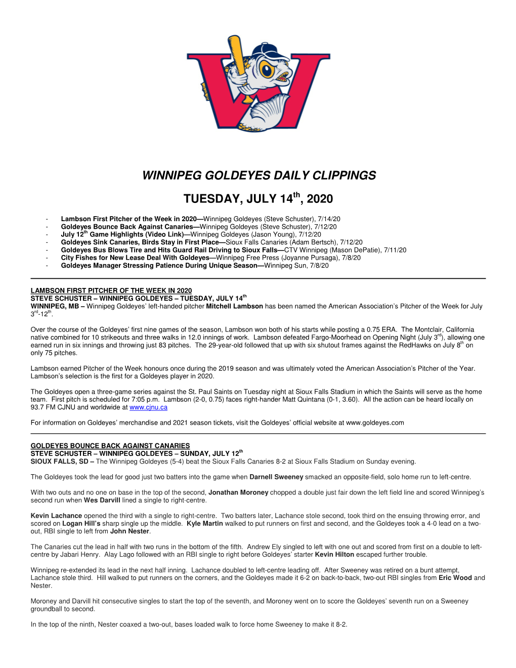 Winnipeg Goldeyes Daily Clippings Tuesday, July 14