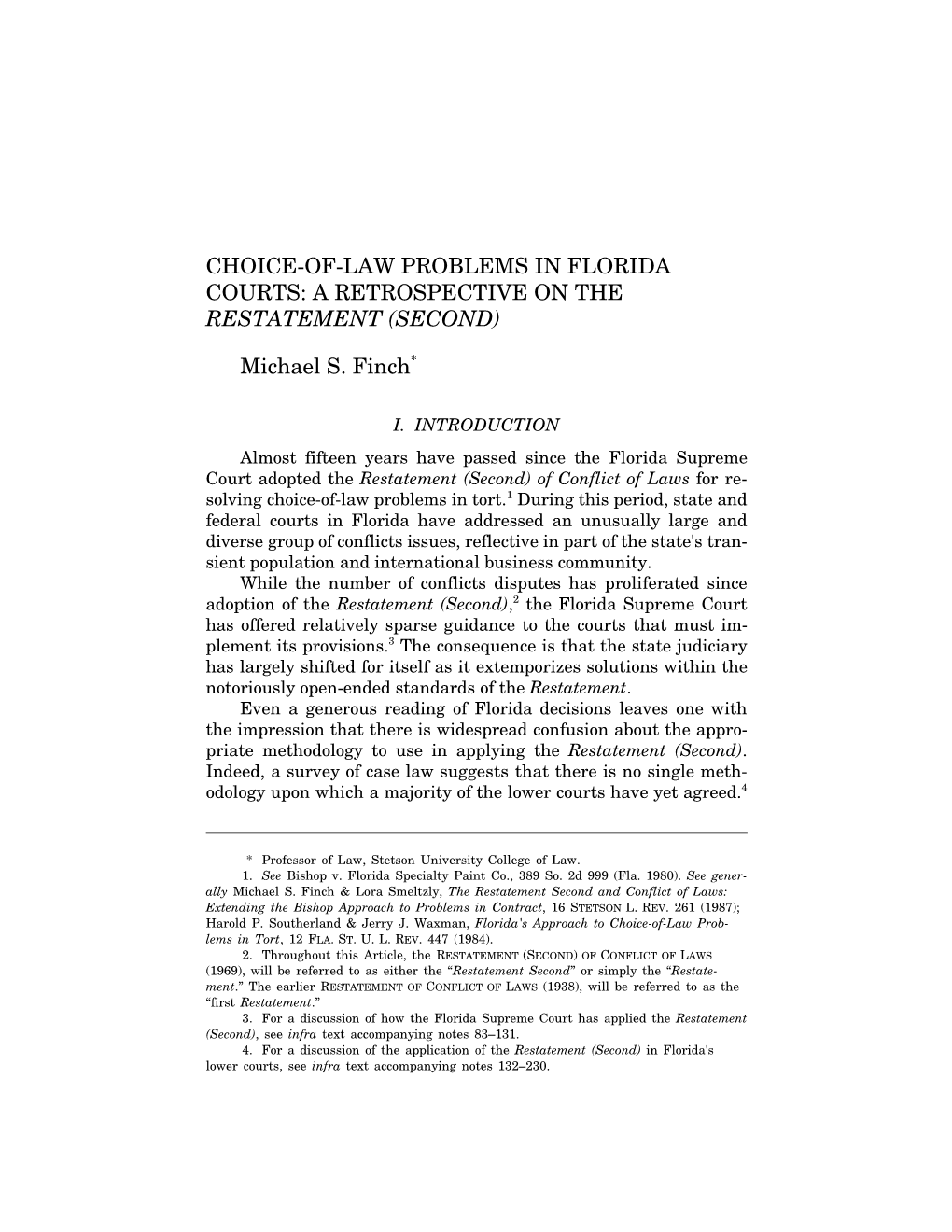 Choice-Of-Law Problems in Florida Courts: a Retrospective on the Restatement (Second)