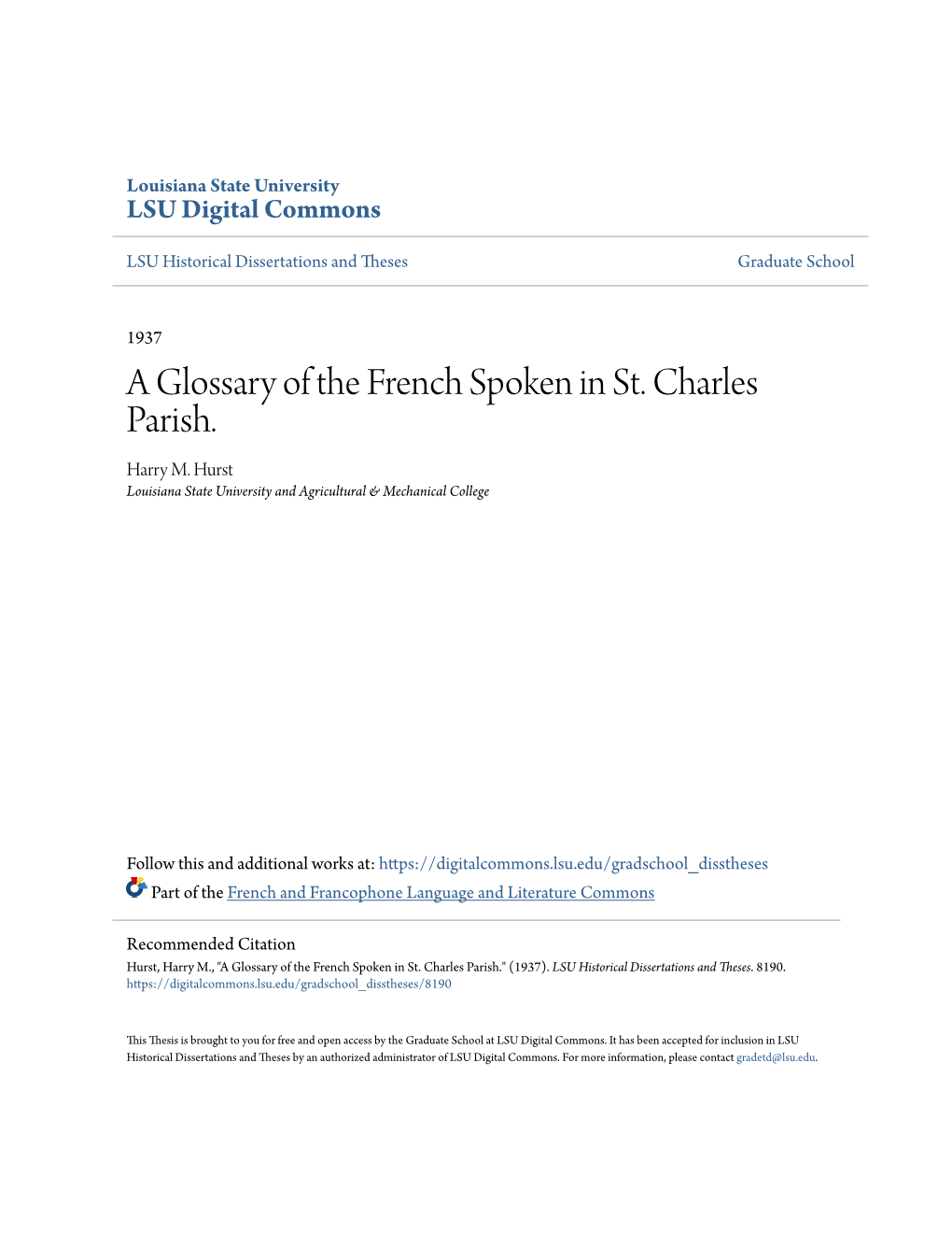 A Glossary of the French Spoken in St. Charles Parish. Harry M