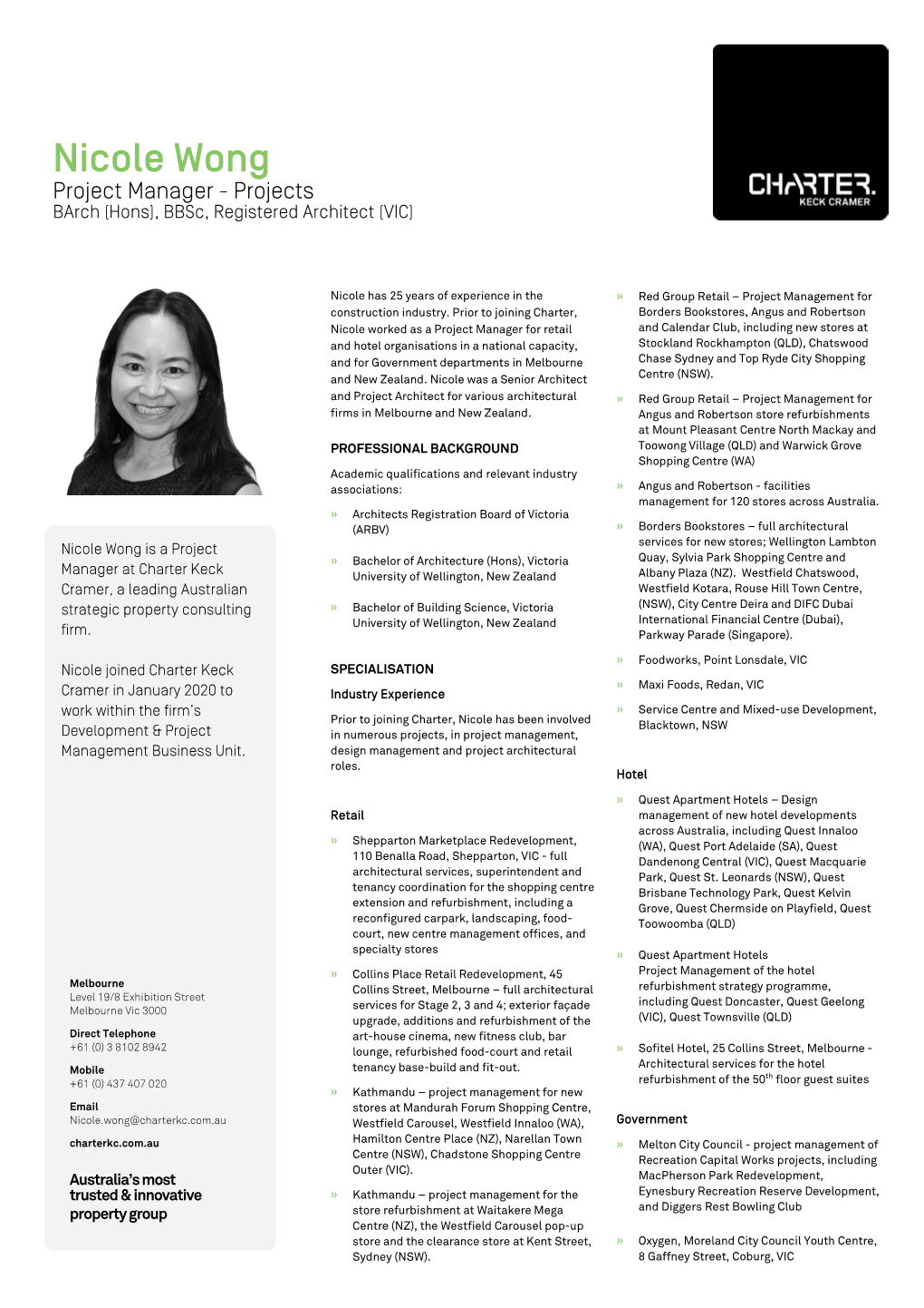 Nicole Wong Project Manager - Projects Barch (Hons), Bbsc, Registered Architect (VIC)