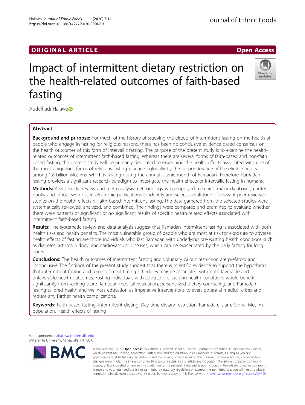 Impact of Intermittent Dietary Restriction on the Health-Related Outcomes of Faith-Based Fasting Abdelhadi Halawa