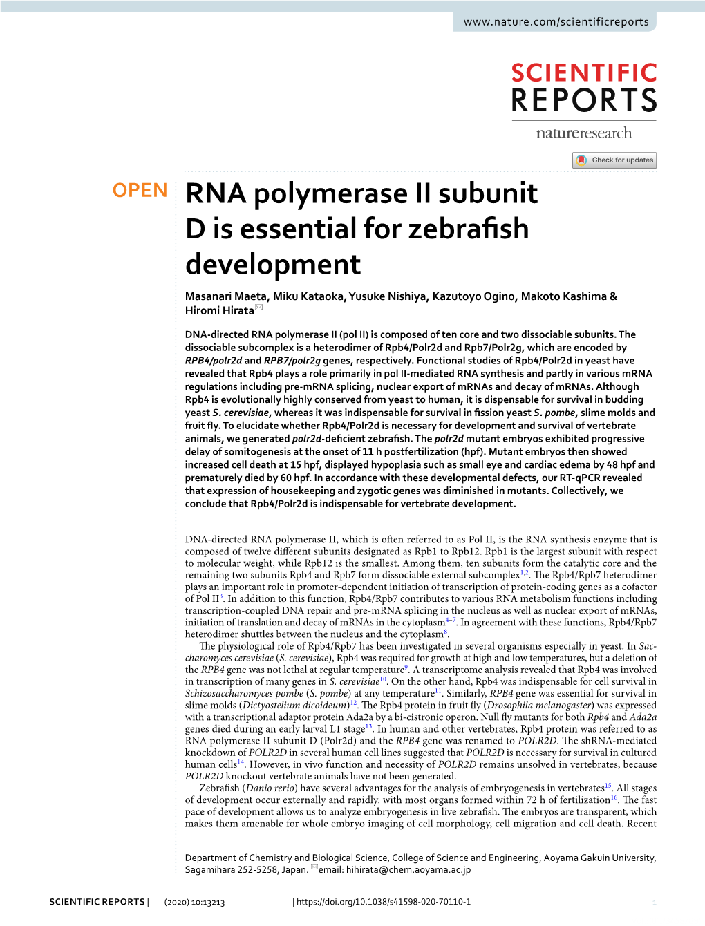 RNA Polymerase II Subunit D Is Essential for Zebrafish Development