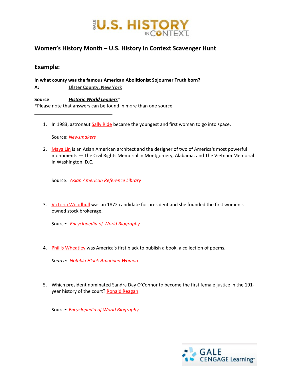 Women S History Month U.S. History in Context Scavenger Hunt