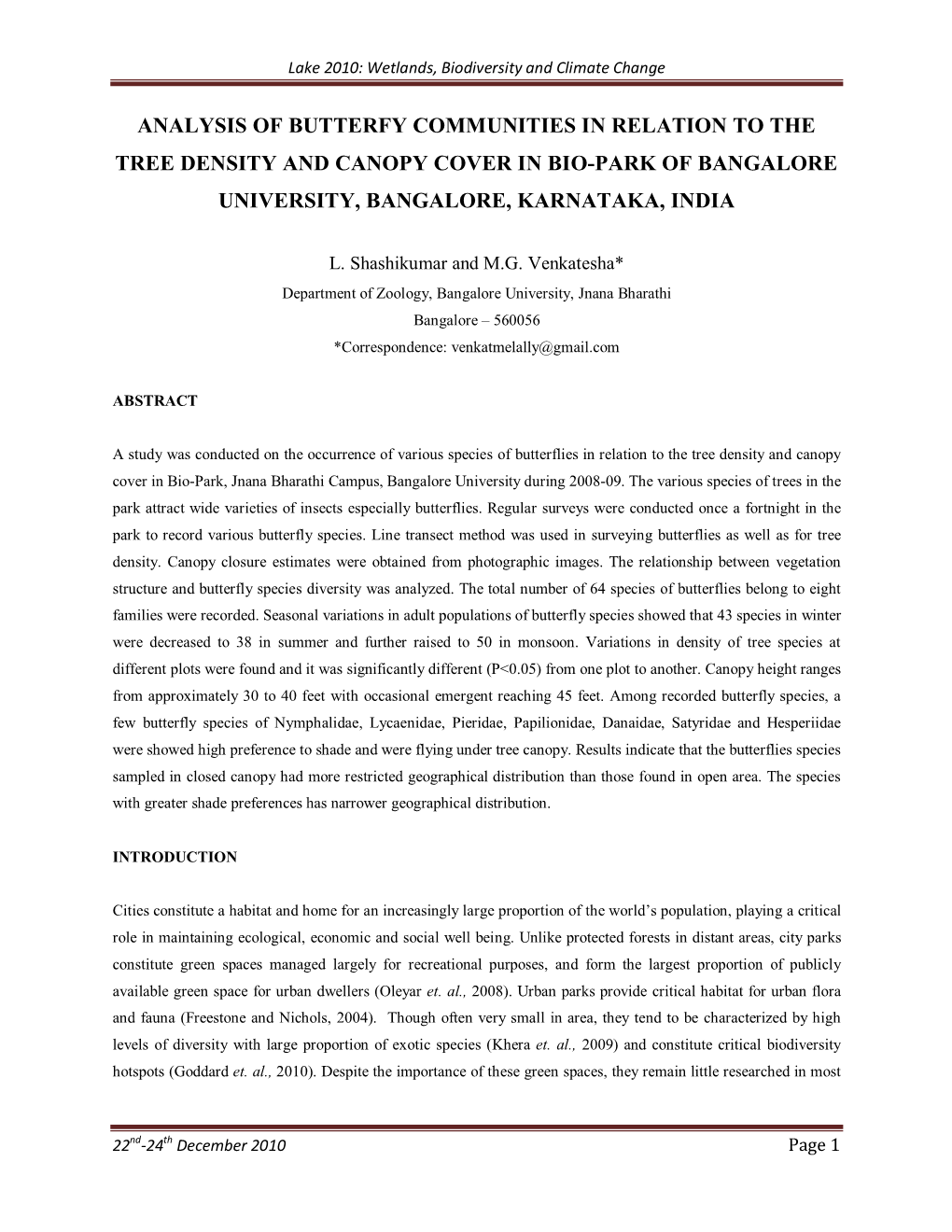 Analysis of Butterfy Communities in Relation to the Tree Density and Canopy Cover in Bio-Park of Bangalore University, Bangalore, Karnataka, India