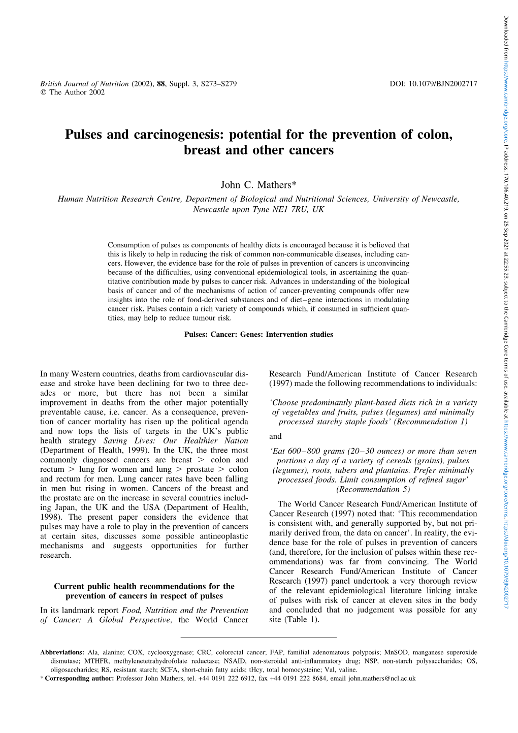 Pulses and Carcinogenesis: Potential for the Prevention of Colon, Breast