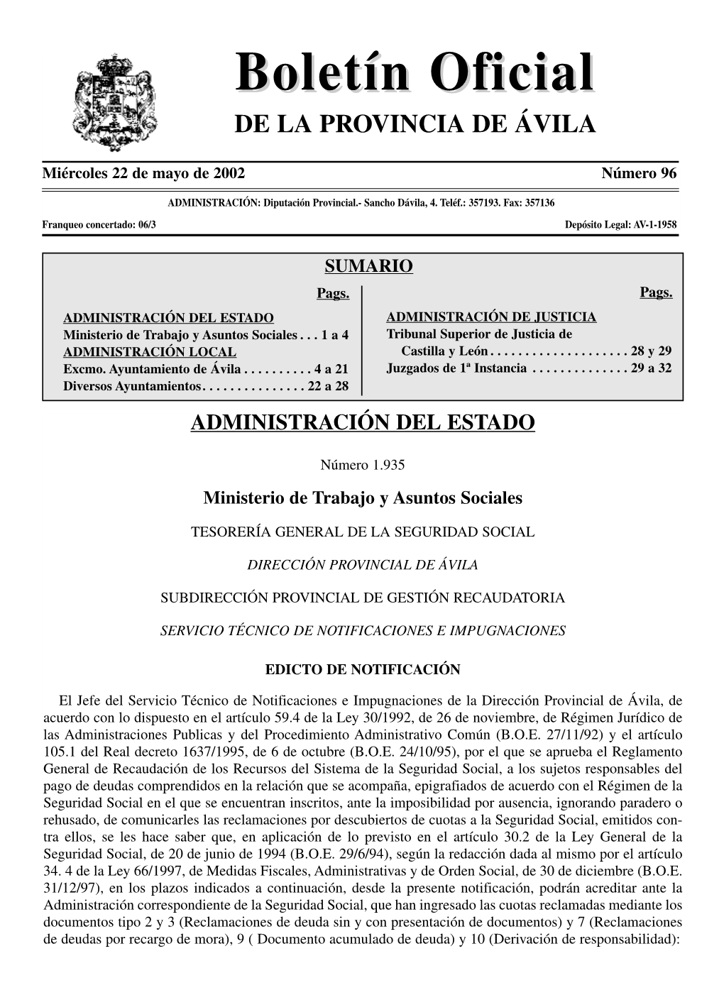 BOLETÍN OFICIAL DE ÁVILA 22 De Mayo De 2002