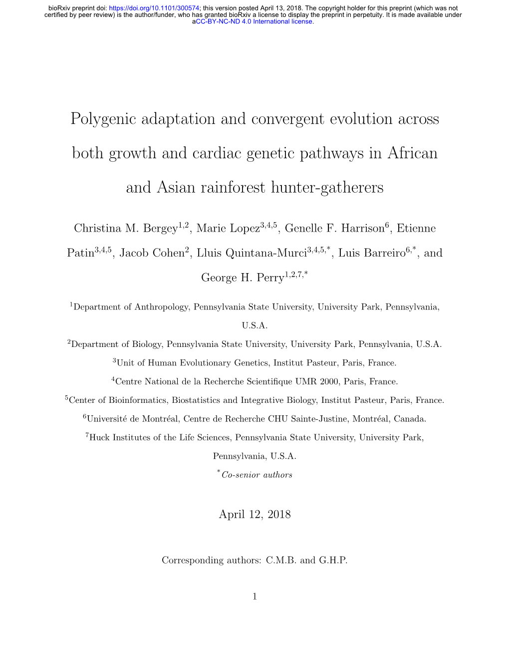 Polygenic Adaptation and Convergent Evolution Across Both Growth and Cardiac Genetic Pathways in African and Asian Rainforest Hunter-Gatherers