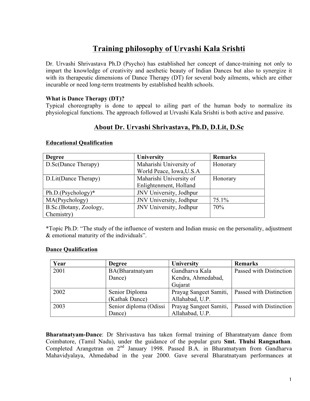 Training Philosophy of Urvashi Kala Srishti