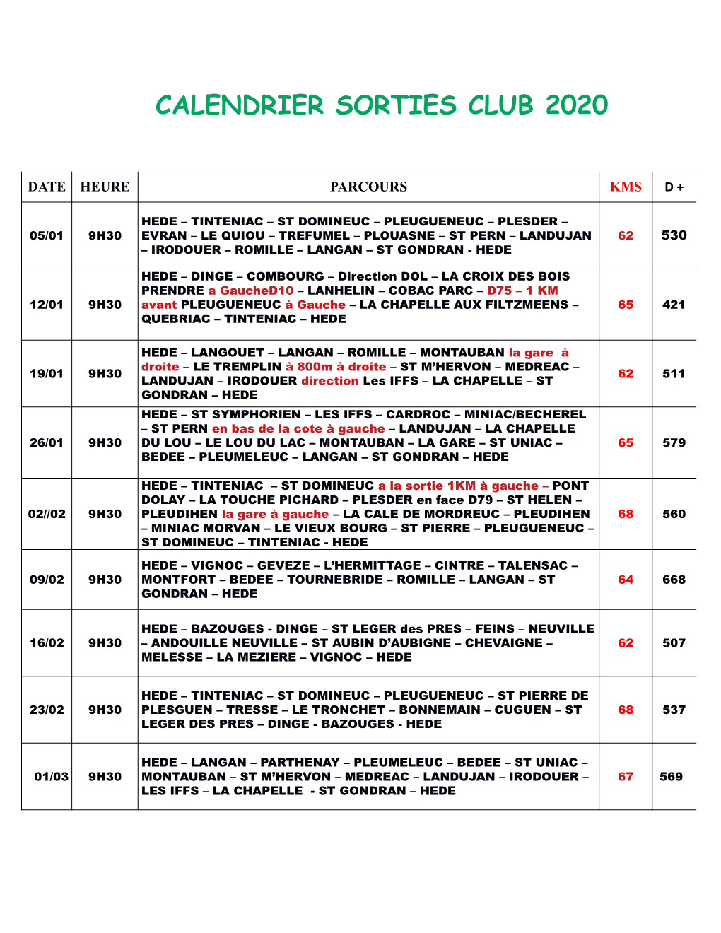 Calendrier Sorties Club 2020