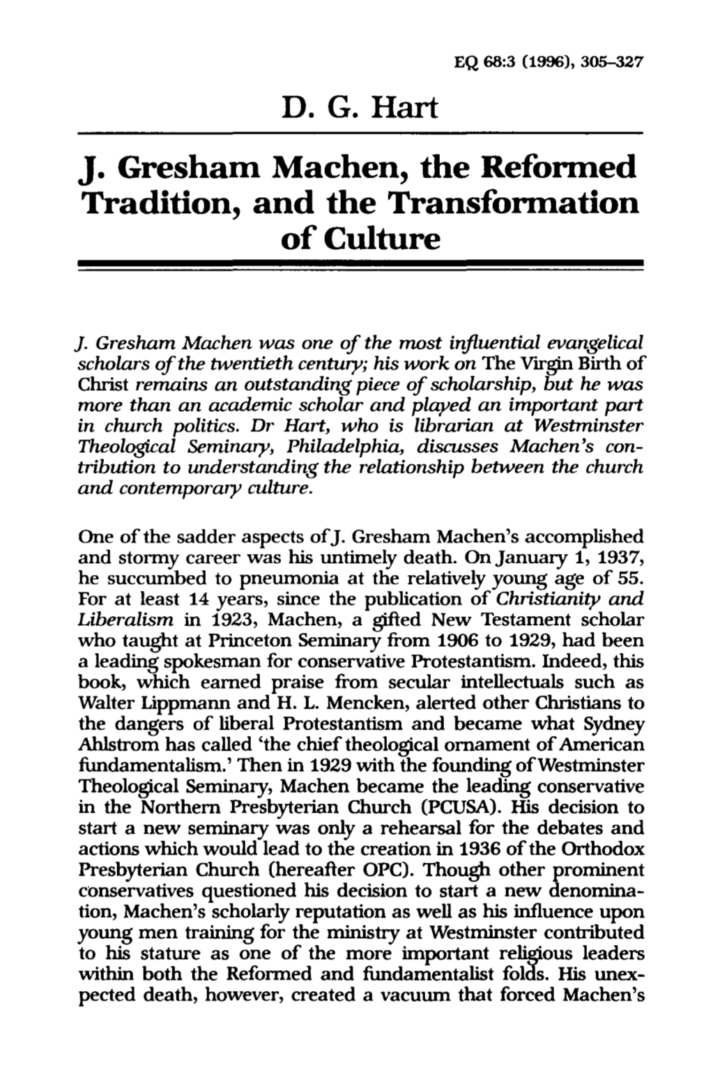 "J. Gresham Machen, the Reformed Tradition, and the Transformation Of