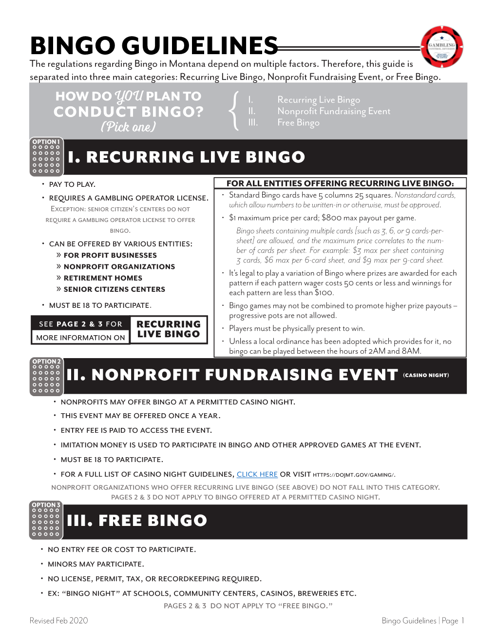 BINGO GUIDELINES the Regulations Regarding Bingo in Montana Depend on Multiple Factors