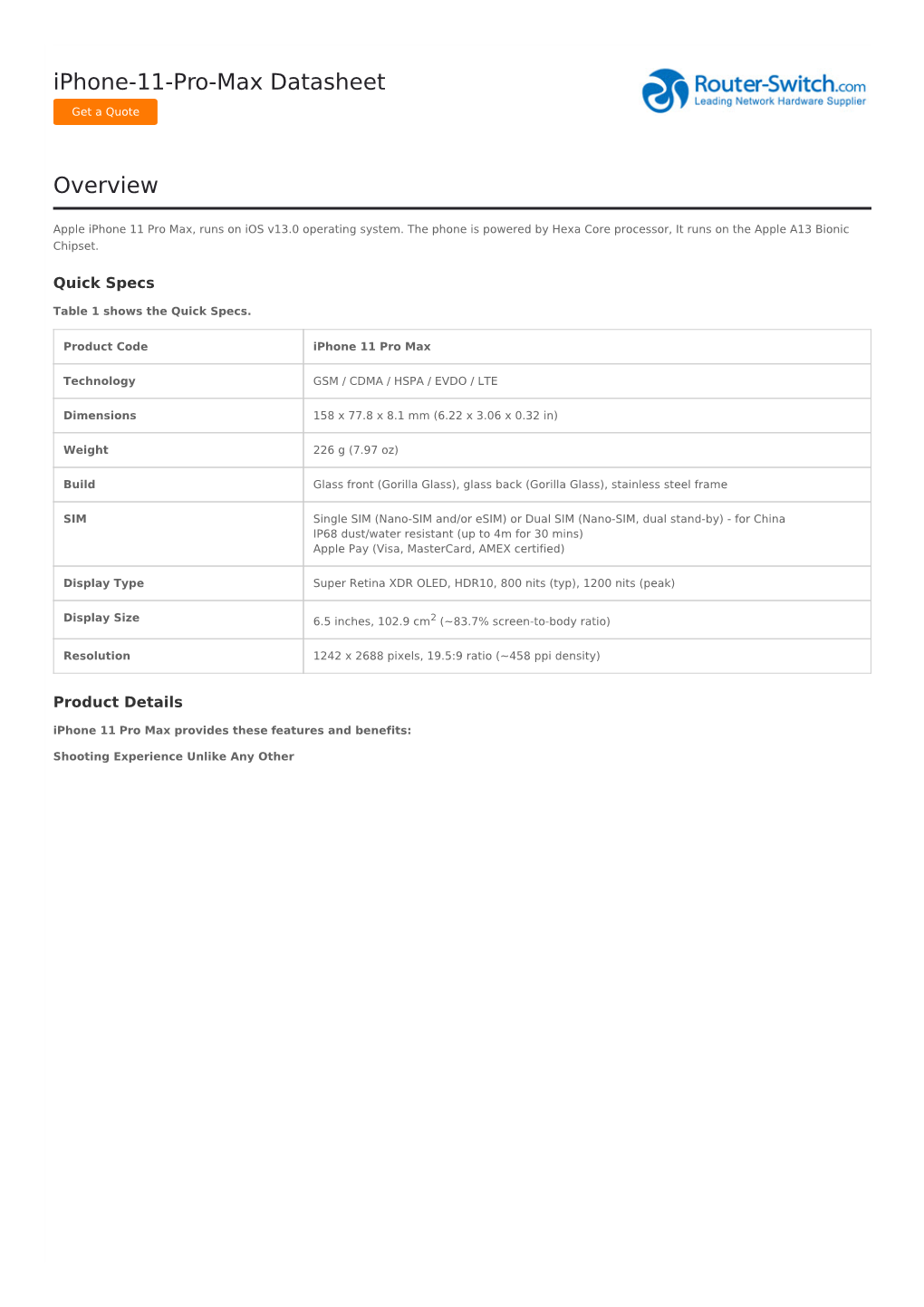 Iphone-11-Pro-Max Datasheet Overview