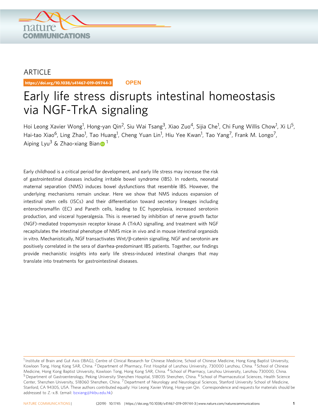 Early Life Stress Disrupts Intestinal Homeostasis Via NGF-Trka Signaling
