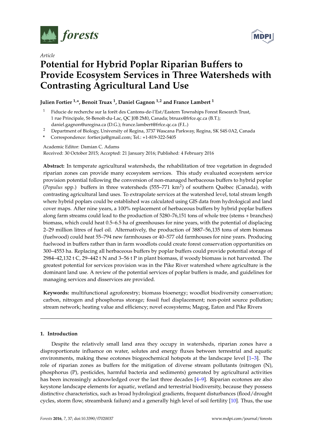Potential for Hybrid Poplar Riparian Buffers to Provide Ecosystem Services in Three Watersheds with Contrasting Agricultural Land Use