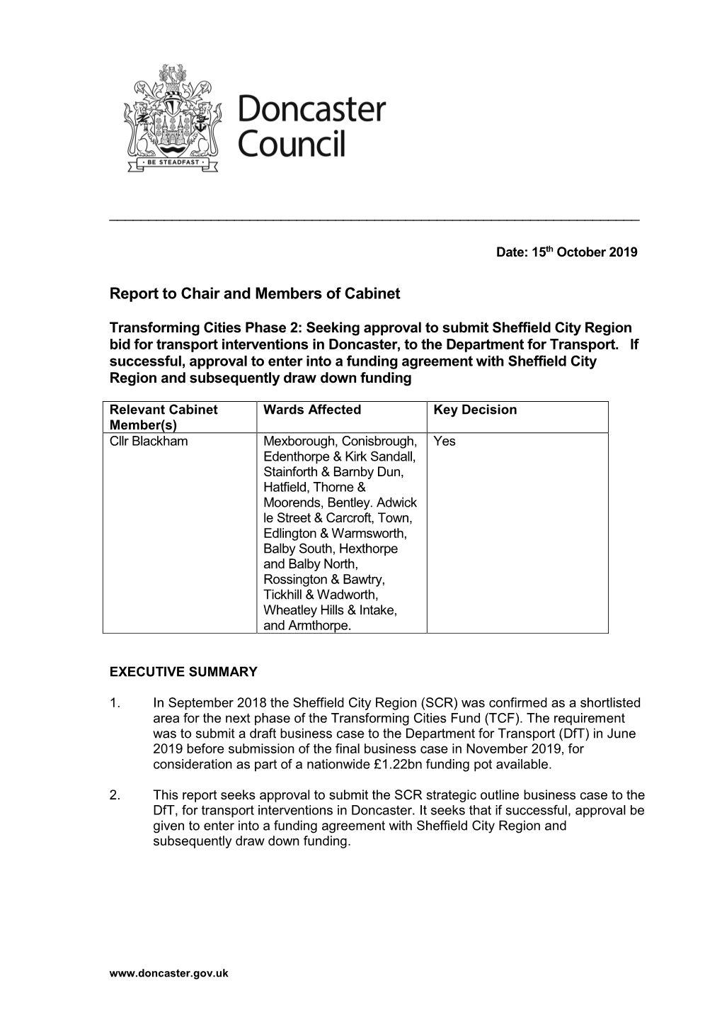 Transforming Cities Phase 2: Seeking Approval to Submit Sheffield City Region Bid for Transport Interventions in Doncaster, to the Department for Transport