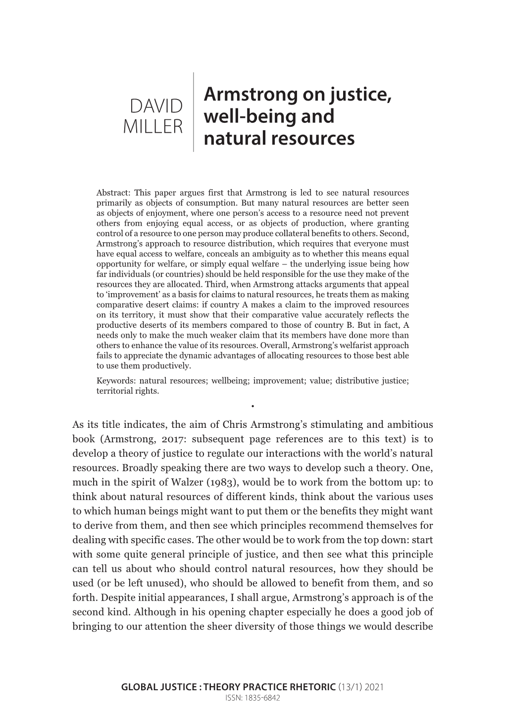 Armstrong on Justice, Well-Being and Natural Resources DAVID MILLER