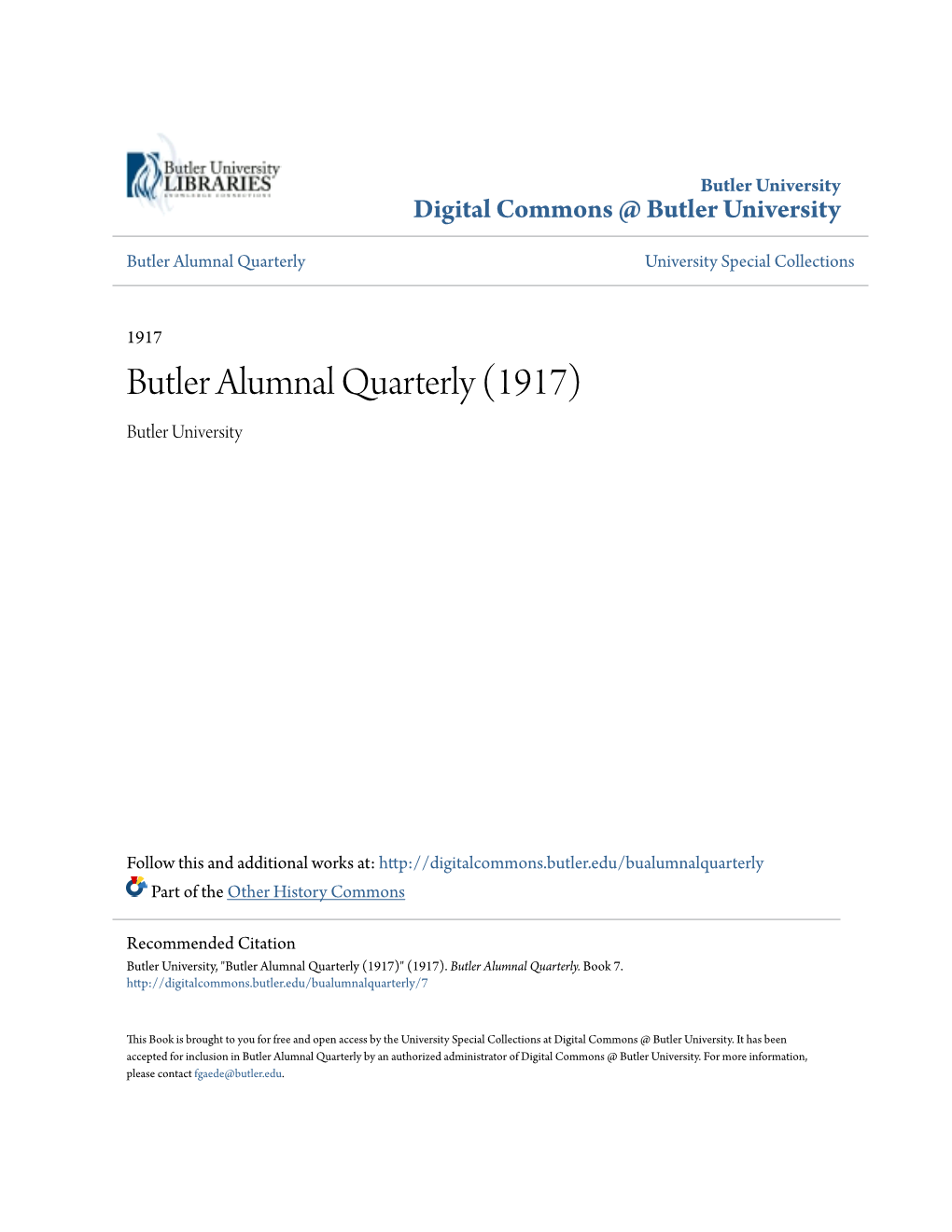 Butler Alumnal Quarterly University Special Collections