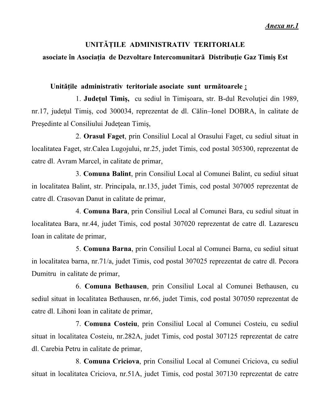 Anexa Nr.1 UNITĂȚILE ADMINISTRATIV TERITORIALE Asociate În Asociaţia De Dezvoltare Intercomunitară Distribuţie Gaz Ti