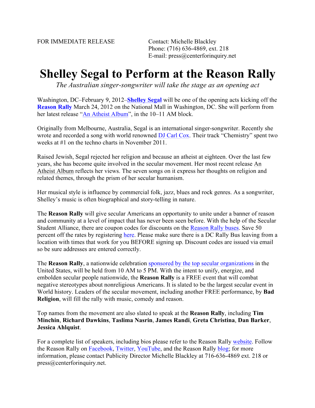 Shelley Segal to Perform at the Reason Rally the Australian Singer-Songwriter Will Take the Stage As an Opening Act