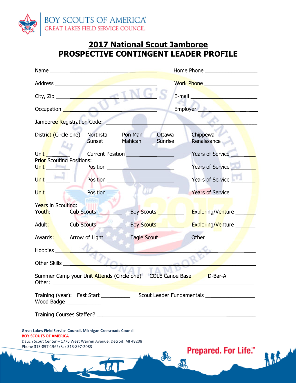 2017 National Scout Jamboree PROSPECTIVE CONTINGENT LEADER PROFILE