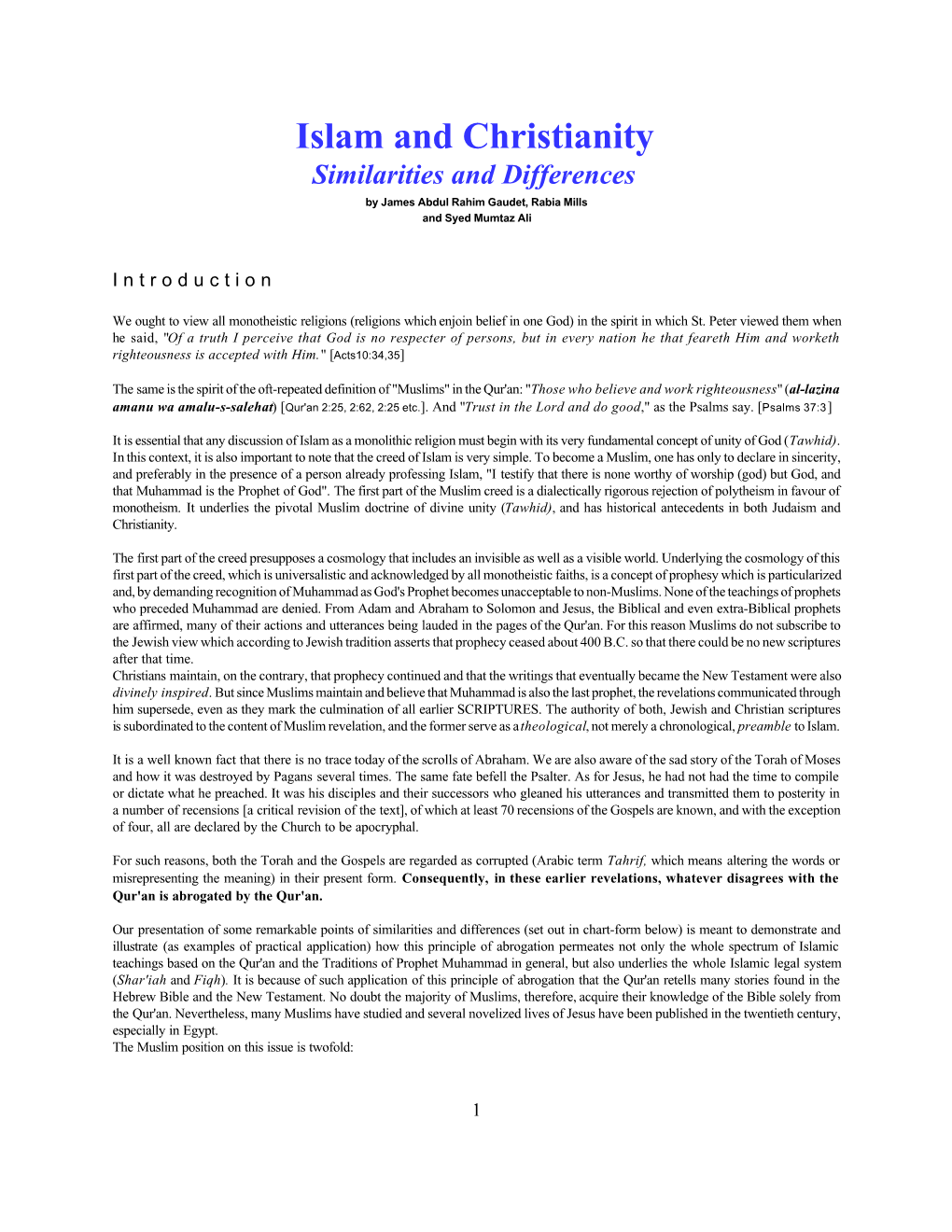 Islam and Christianity Similarities and Differences by James Abdul Rahim Gaudet, Rabia Mills and Syed Mumtaz Ali