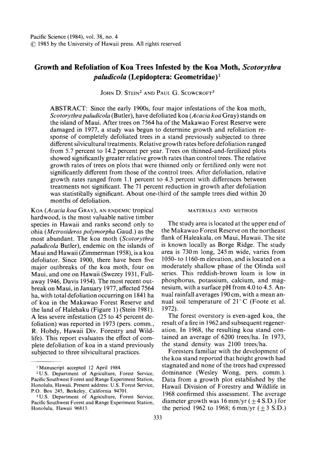 Growth and Refoliation of Koa Trees Infested by the Koa Moth, Scotorythra Paludicola (Lepidoptera: Geometridae)L