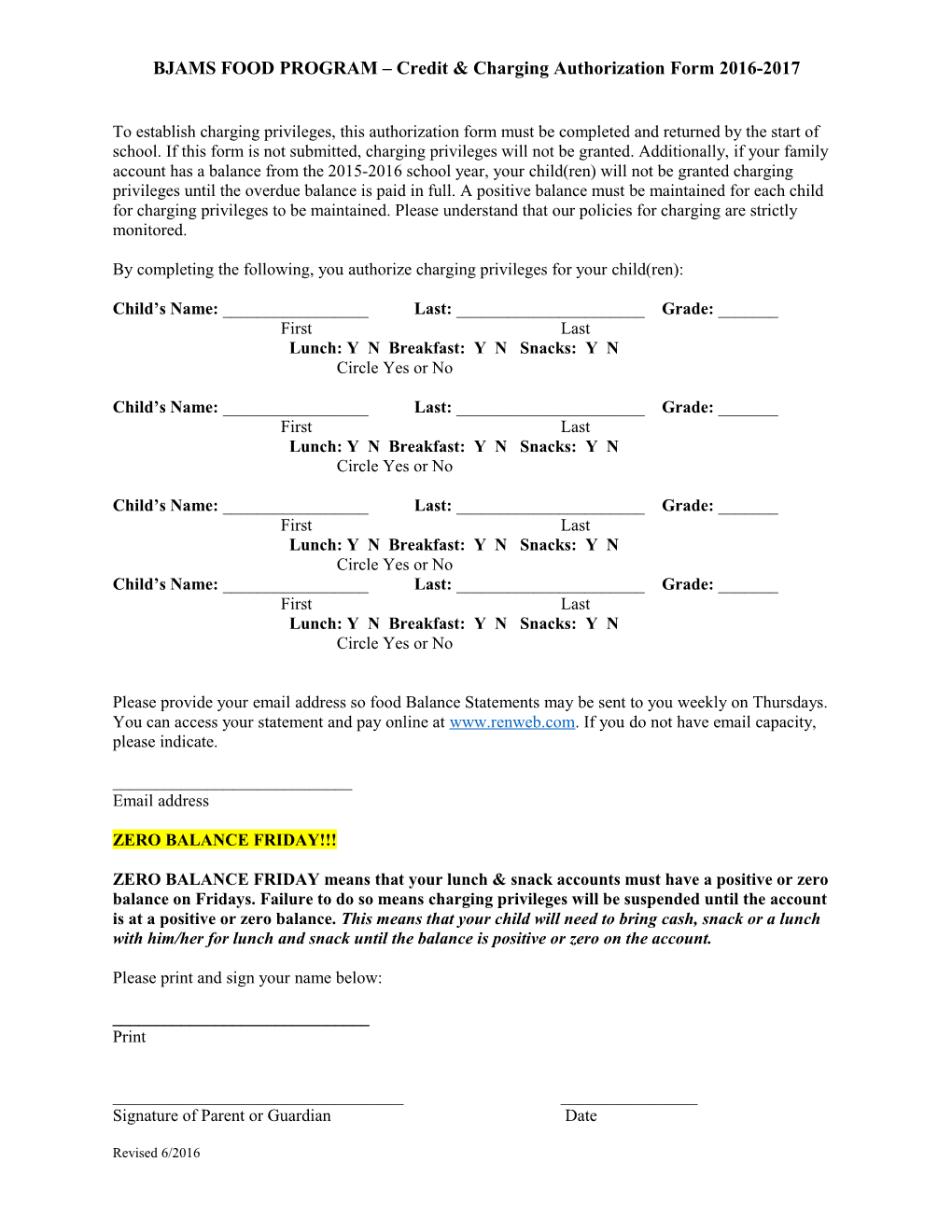 BJAMS FOOD PROGRAM Credit & Charging Authorization Form 2011-2012