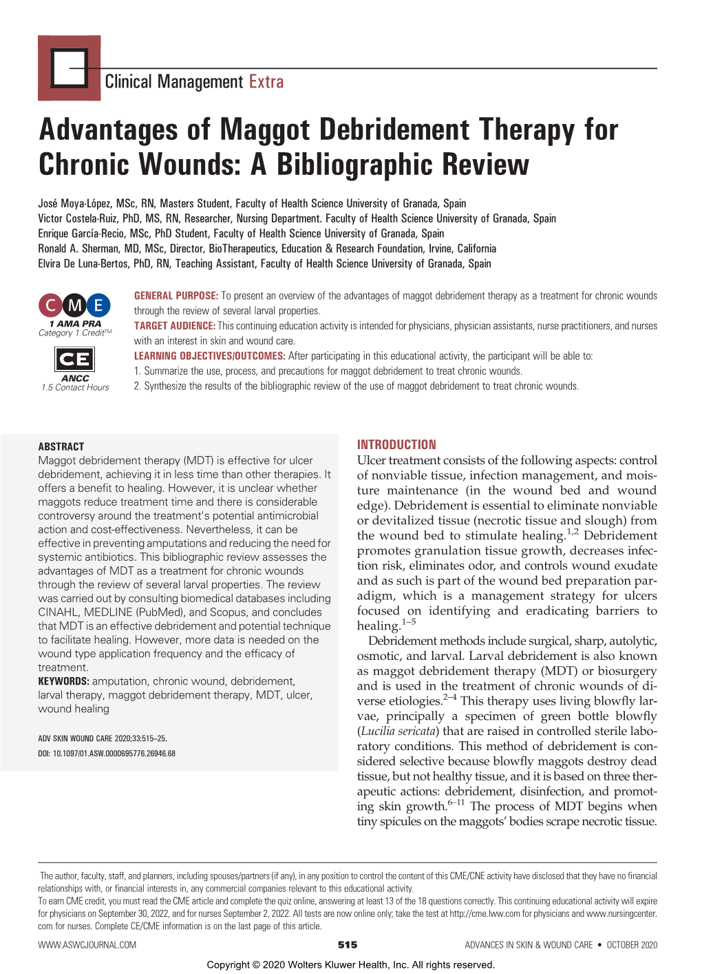 Advantages of Maggot Debridement Therapy for Chronic Wounds: a Bibliographic Review