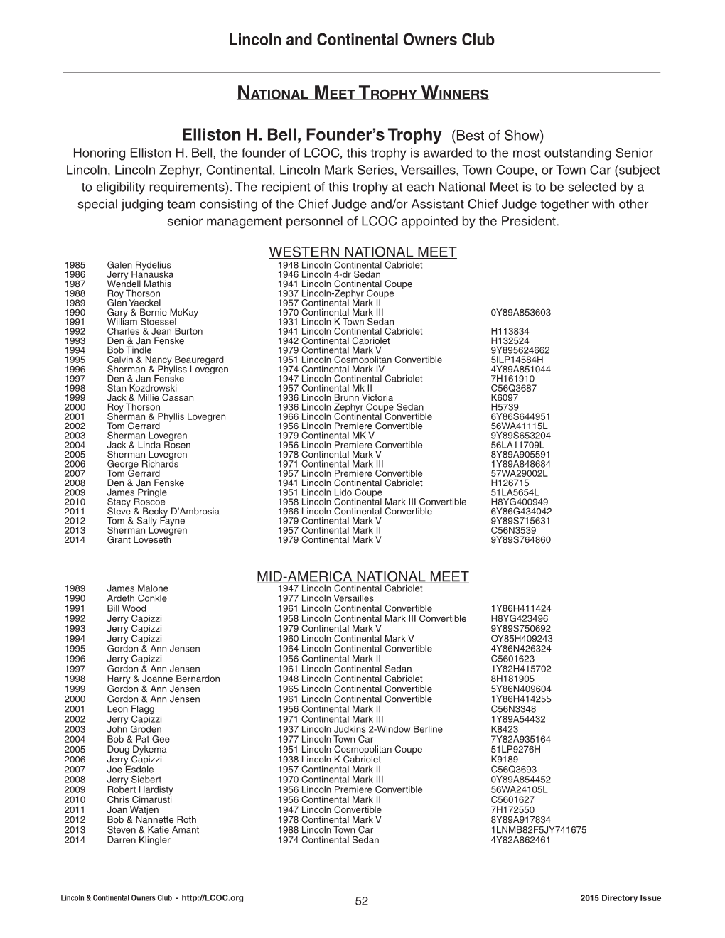 Lincoln and Continental Owners Club Elliston H. Bell, Founder's Trophy