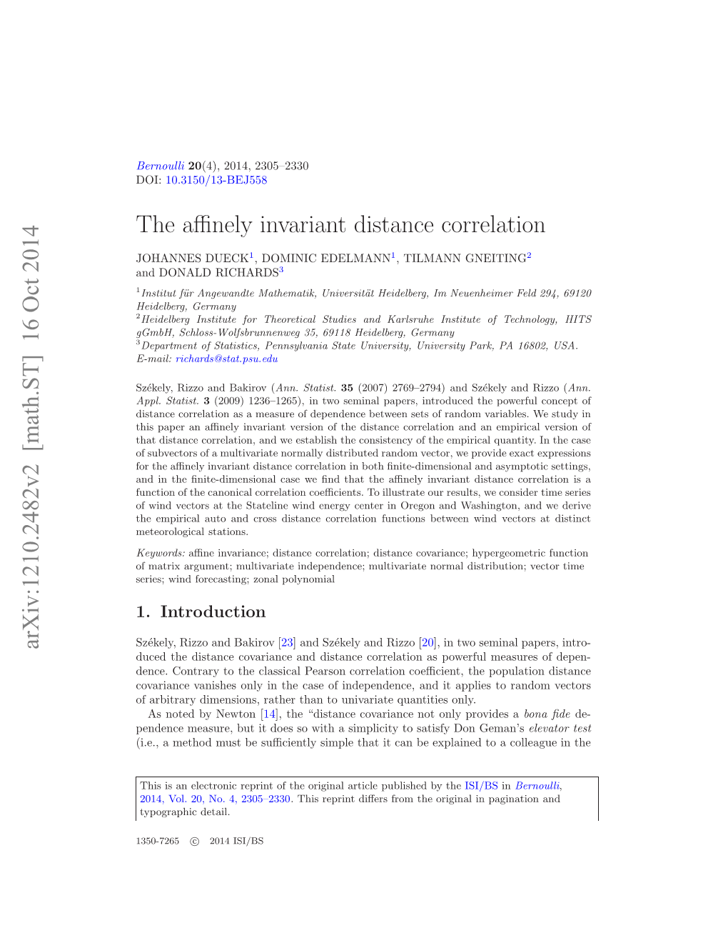 The Affinely Invariant Distance Correlation