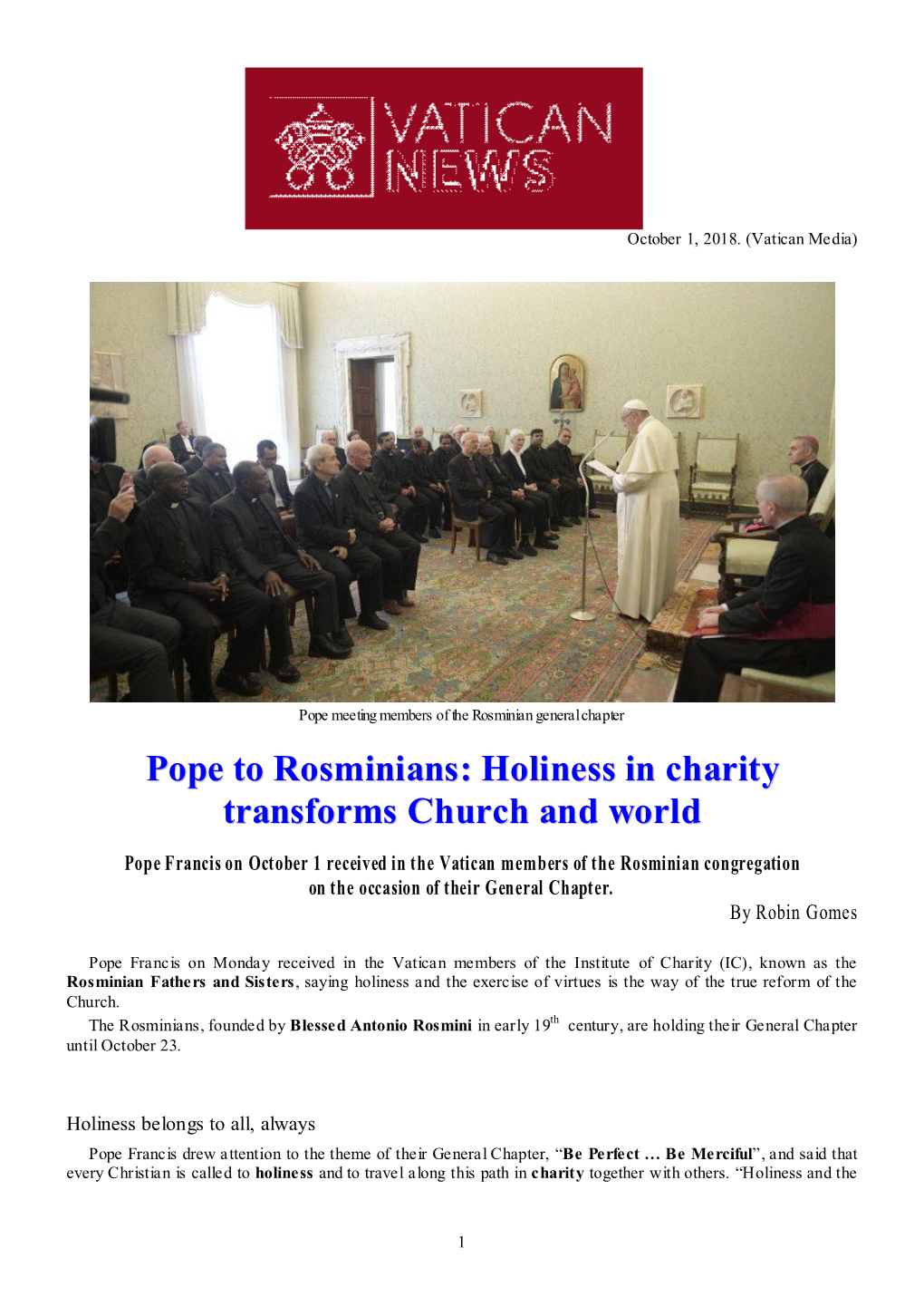 Pope to Rosminians: Holiness in Charity Transforms Church and World