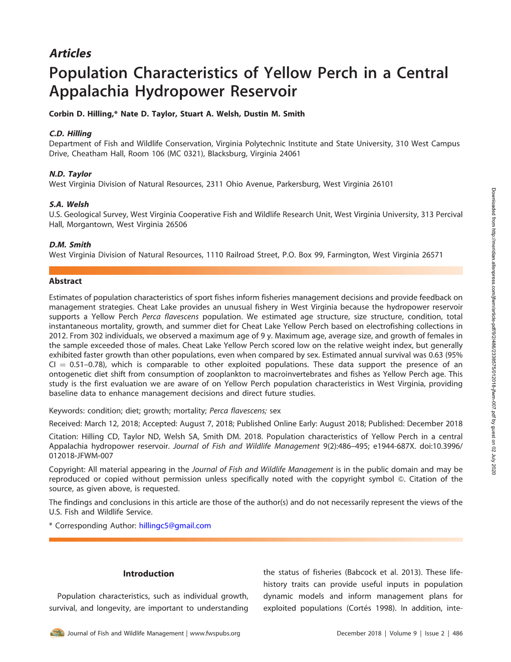 Population Characteristics of Yellow Perch in a Central Appalachia Hydropower Reservoir