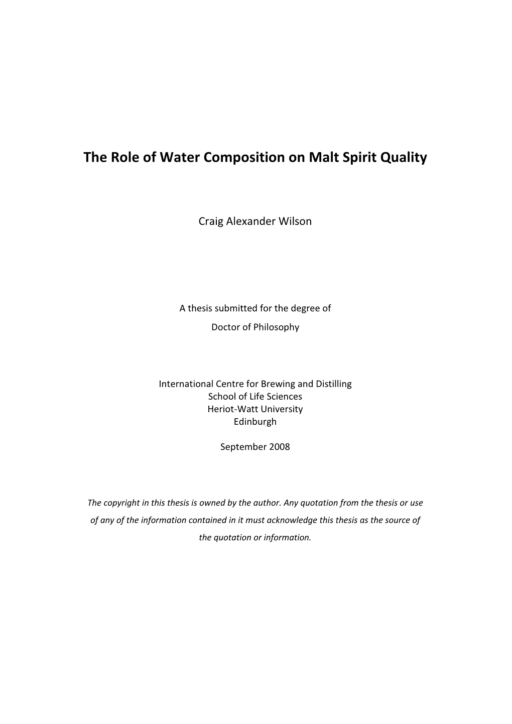 The Role of Water Composition in Malt Spirit Quality