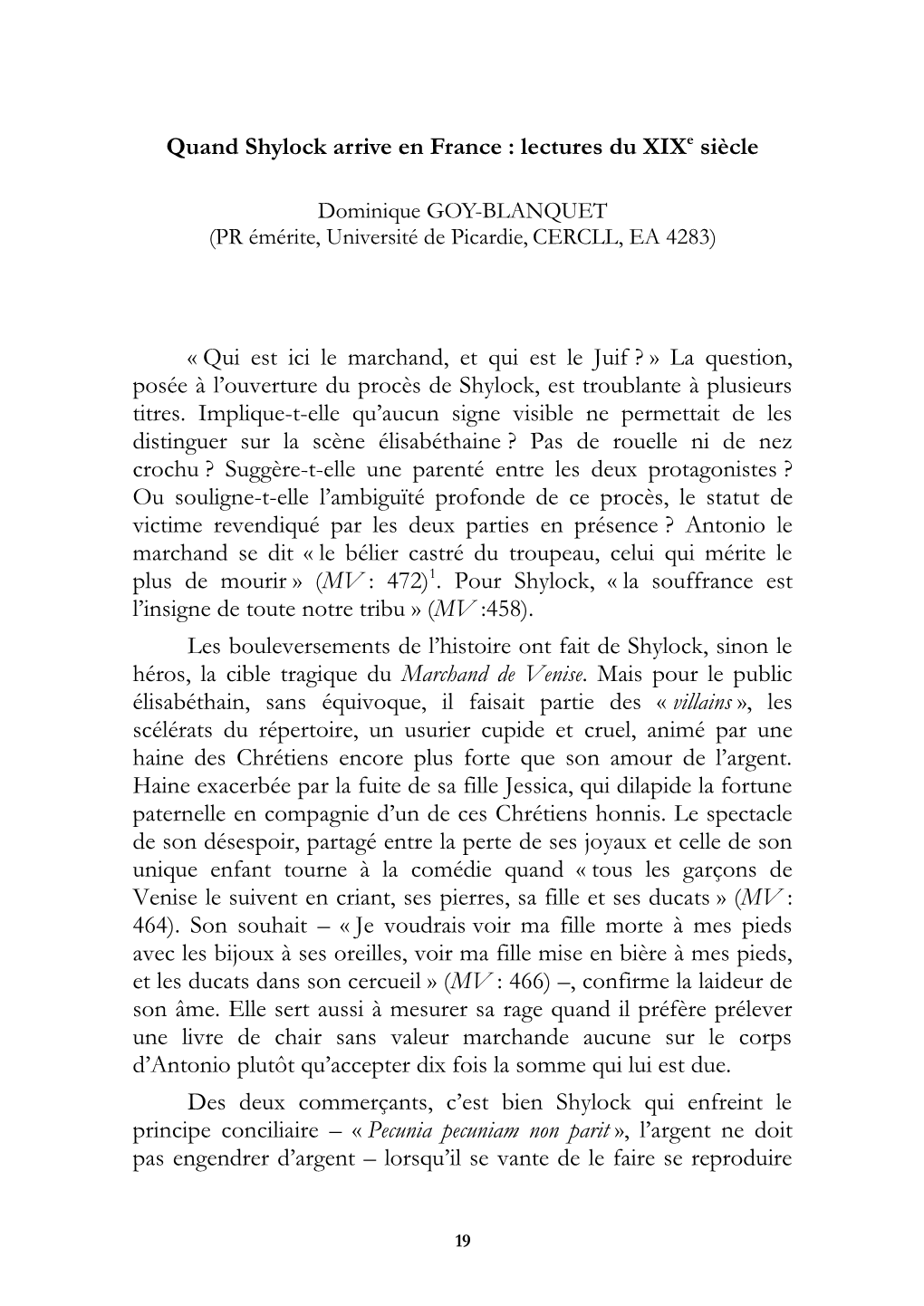 Quand Shylock Arrive En France : Lectures Du Xixe Siècle