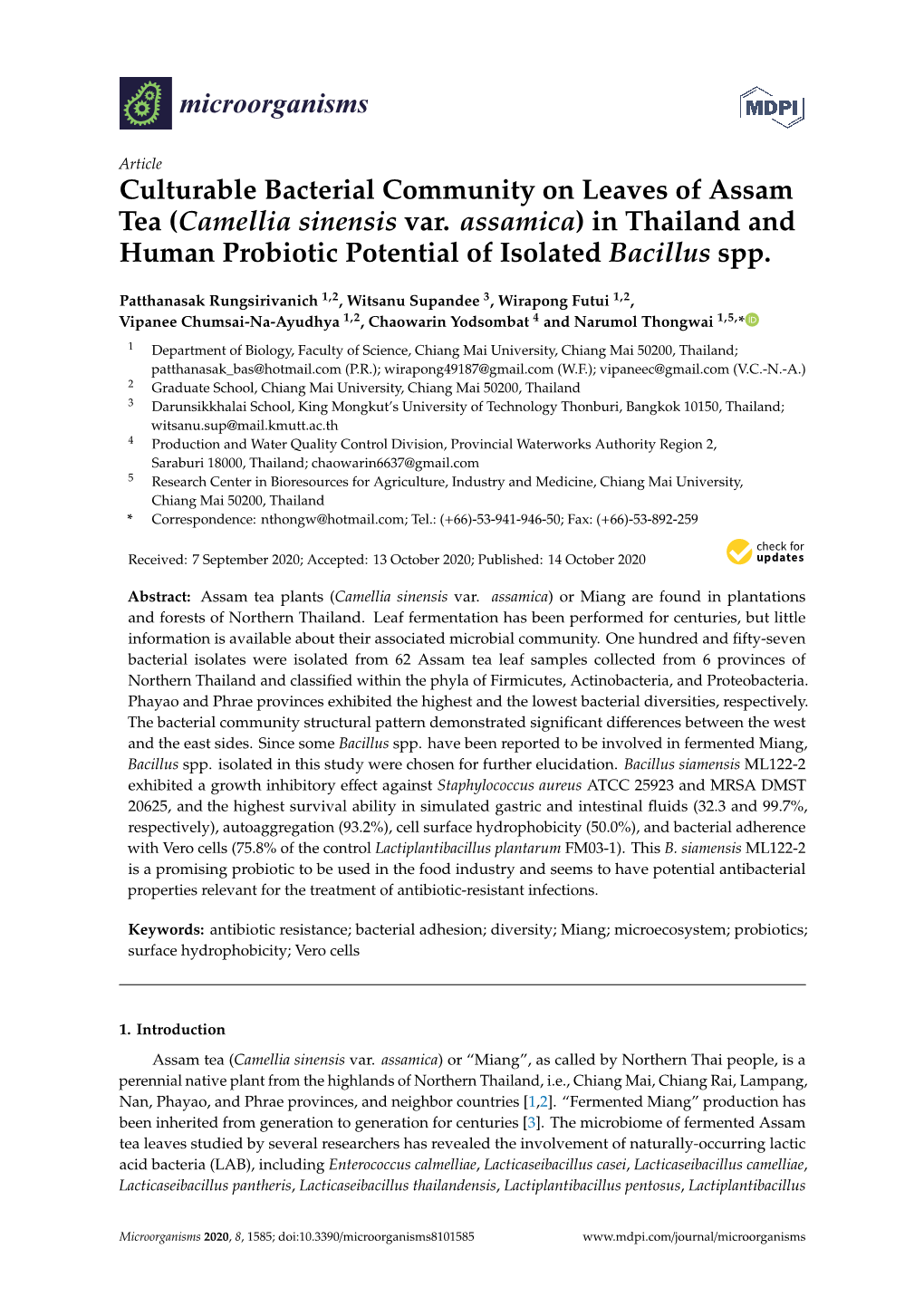 Culturable Bacterial Community on Leaves of Assam Tea (Camellia Sinensis Var
