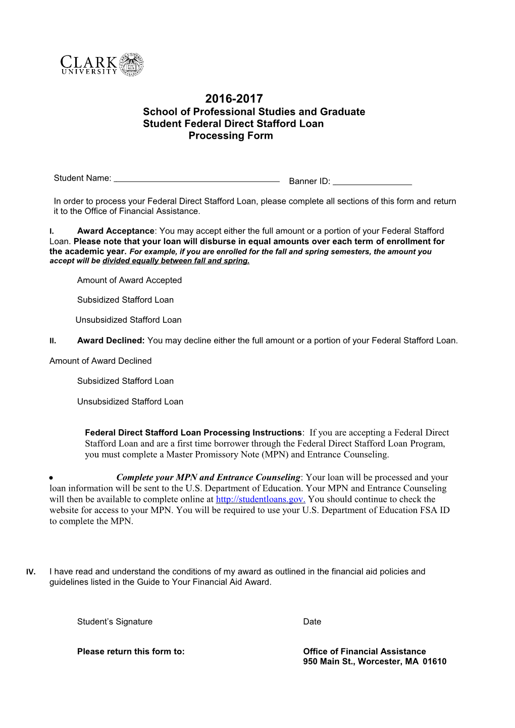 School of Professional Studies and Graduate Student Federal Direct Stafford Loan Processing