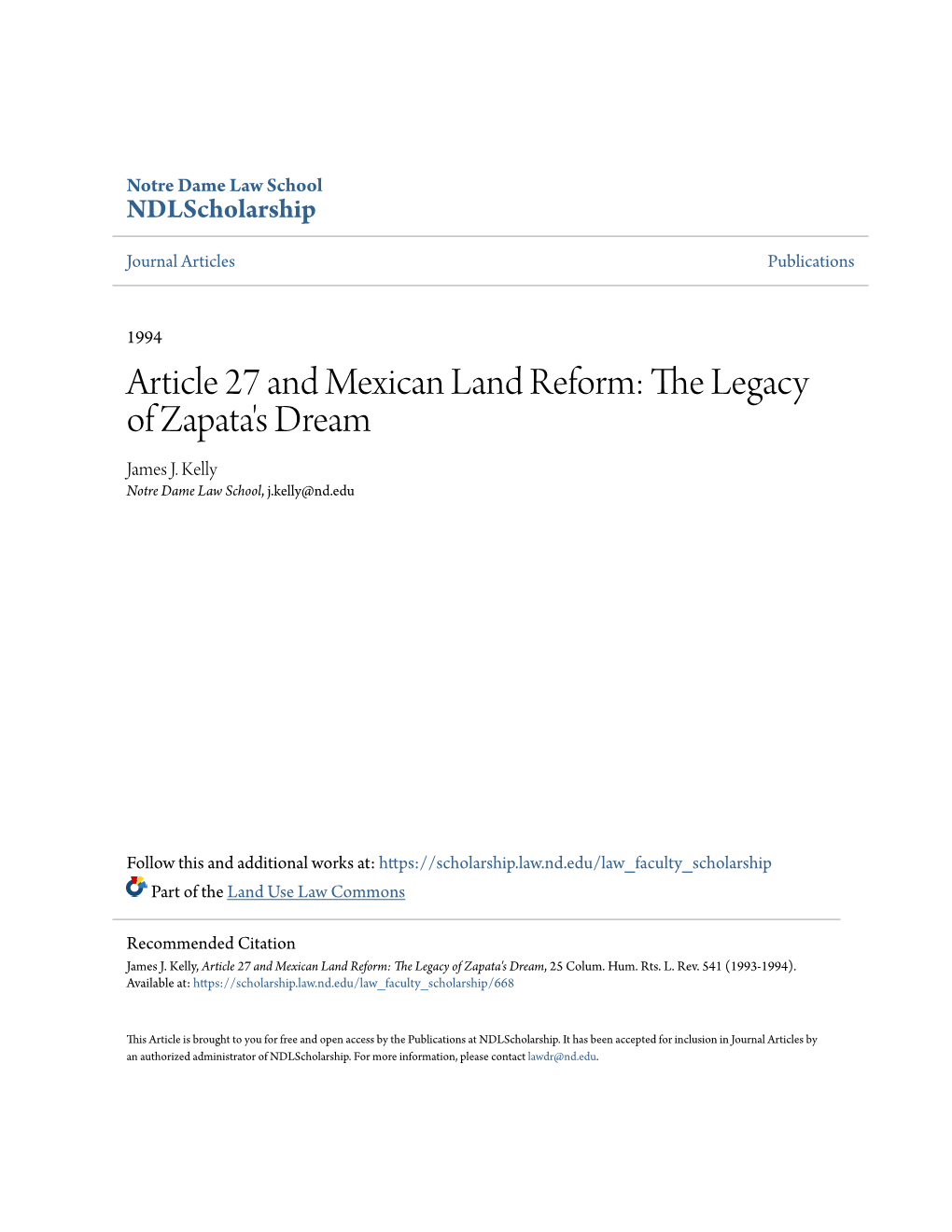 Article 27 and Mexican Land Reform: the Legacy of Zapata's Dream James J