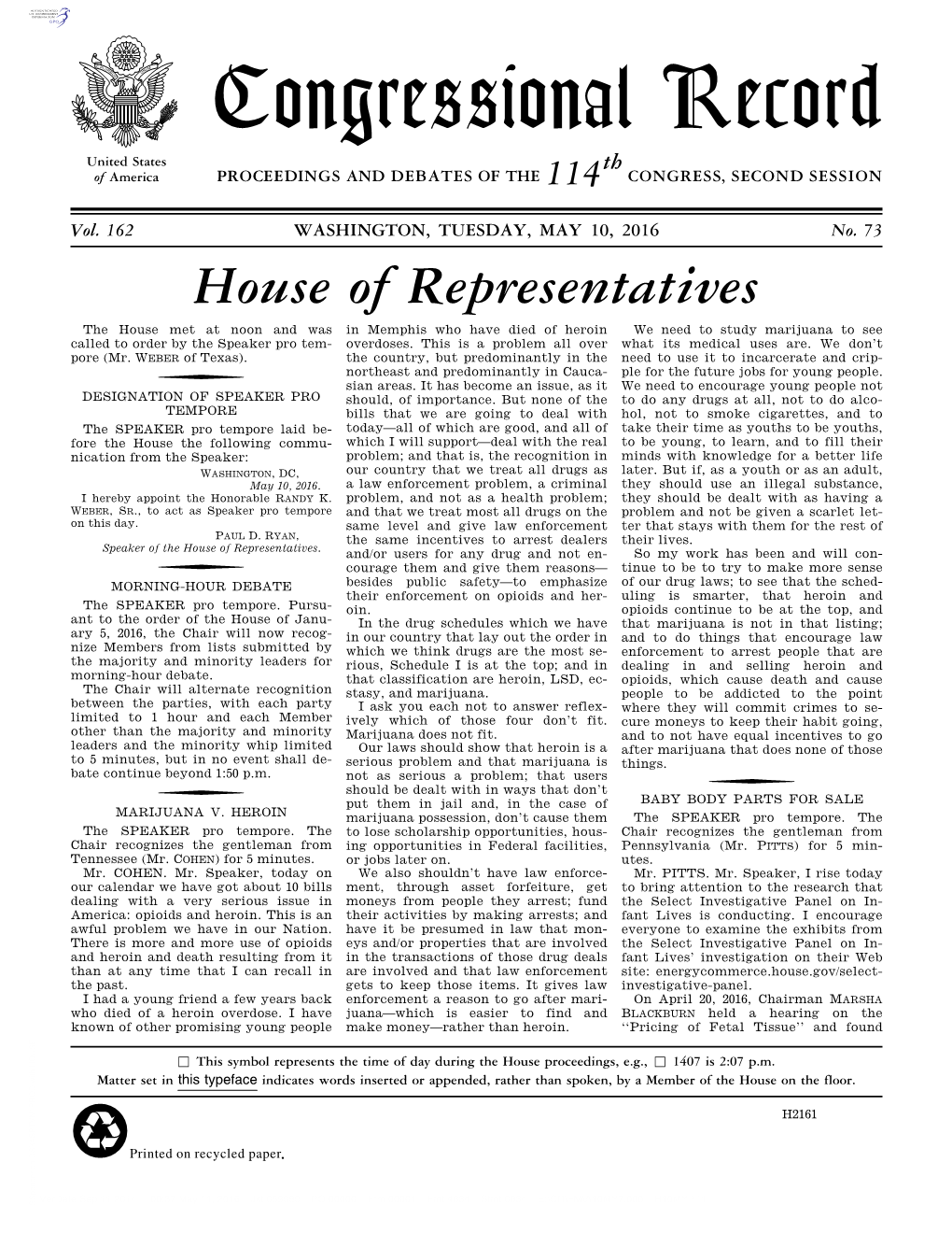 Congressional Record United States Th of America PROCEEDINGS and DEBATES of the 114 CONGRESS, SECOND SESSION