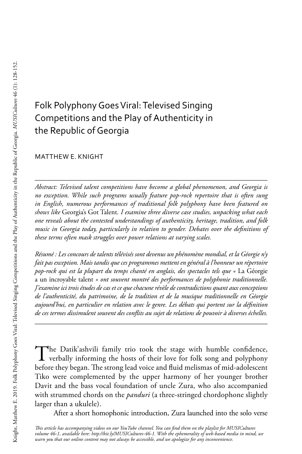 Folk Polyphony Goes Viral: Televised Singing Competitions and the Play of Authenticity in the Republic of Georgia