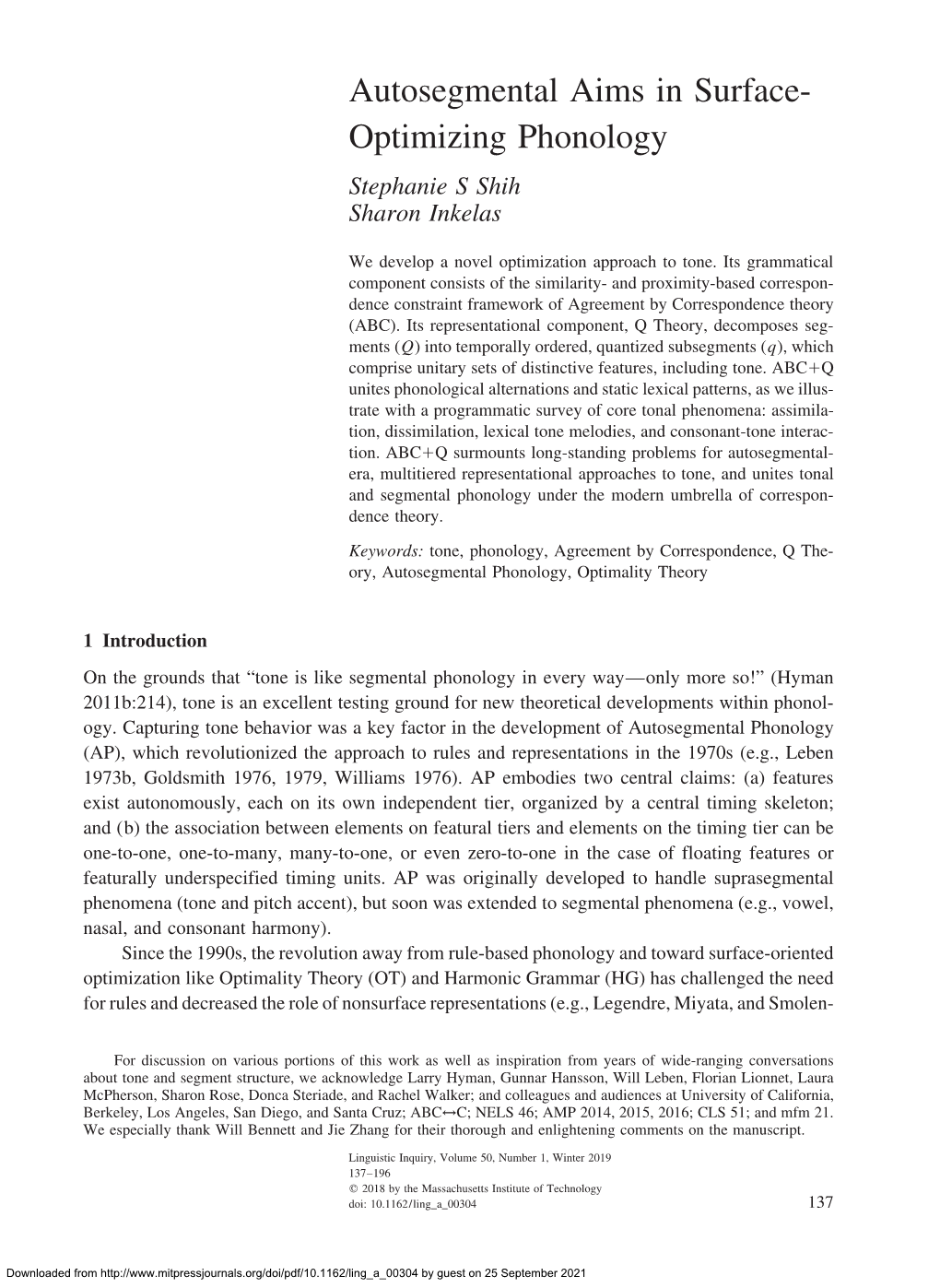 Autosegmental Aims in Surface- Optimizing Phonology Stephanie S Shih Sharon Inkelas