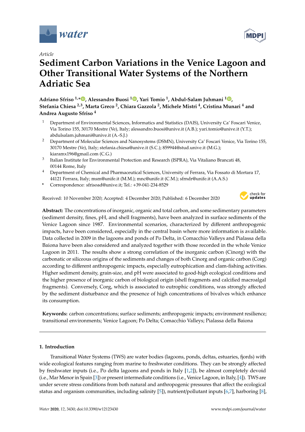 Sediment Carbon Variations in the Venice Lagoon and Other Transitional Water Systems of the Northern Adriatic Sea