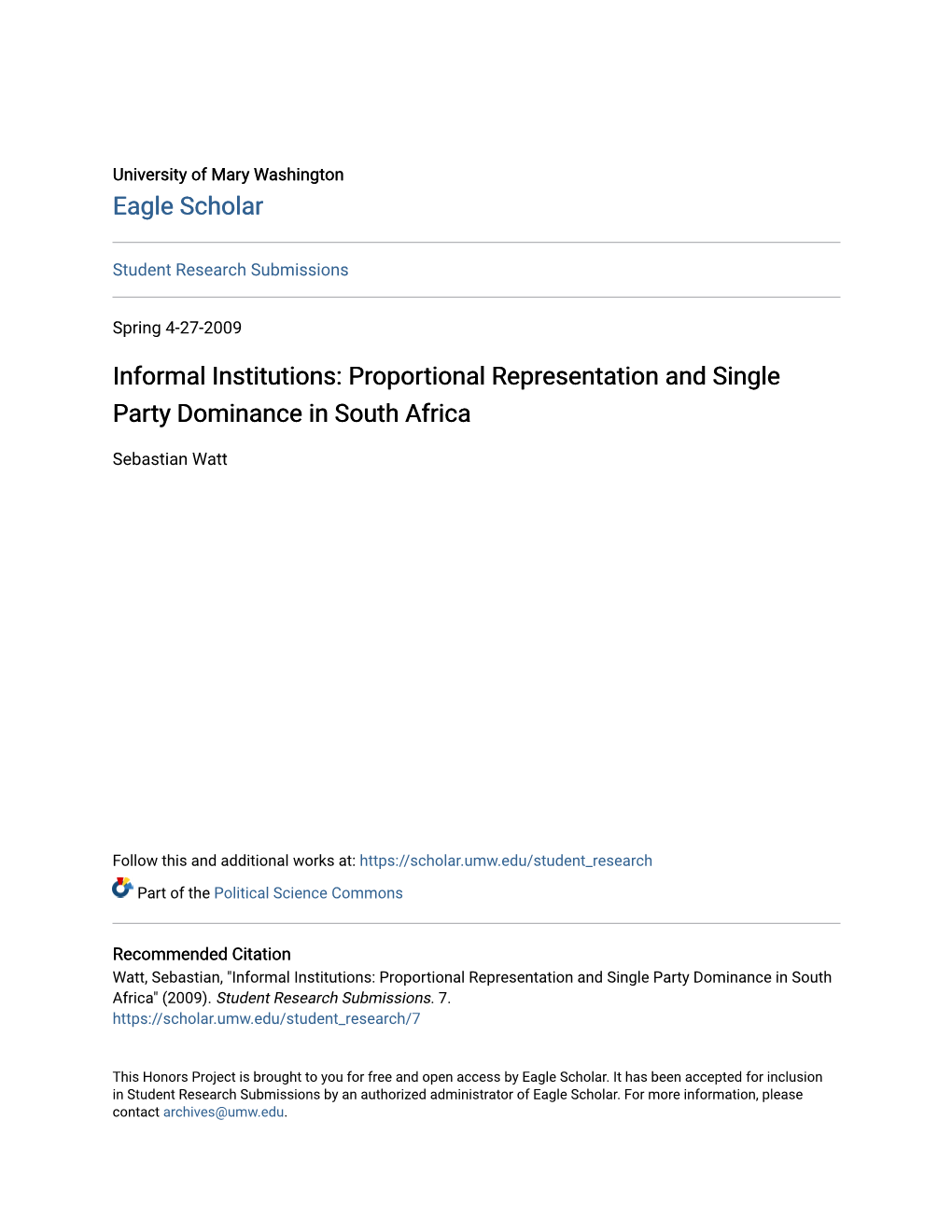 Informal Institutions: Proportional Representation and Single Party Dominance in South Africa