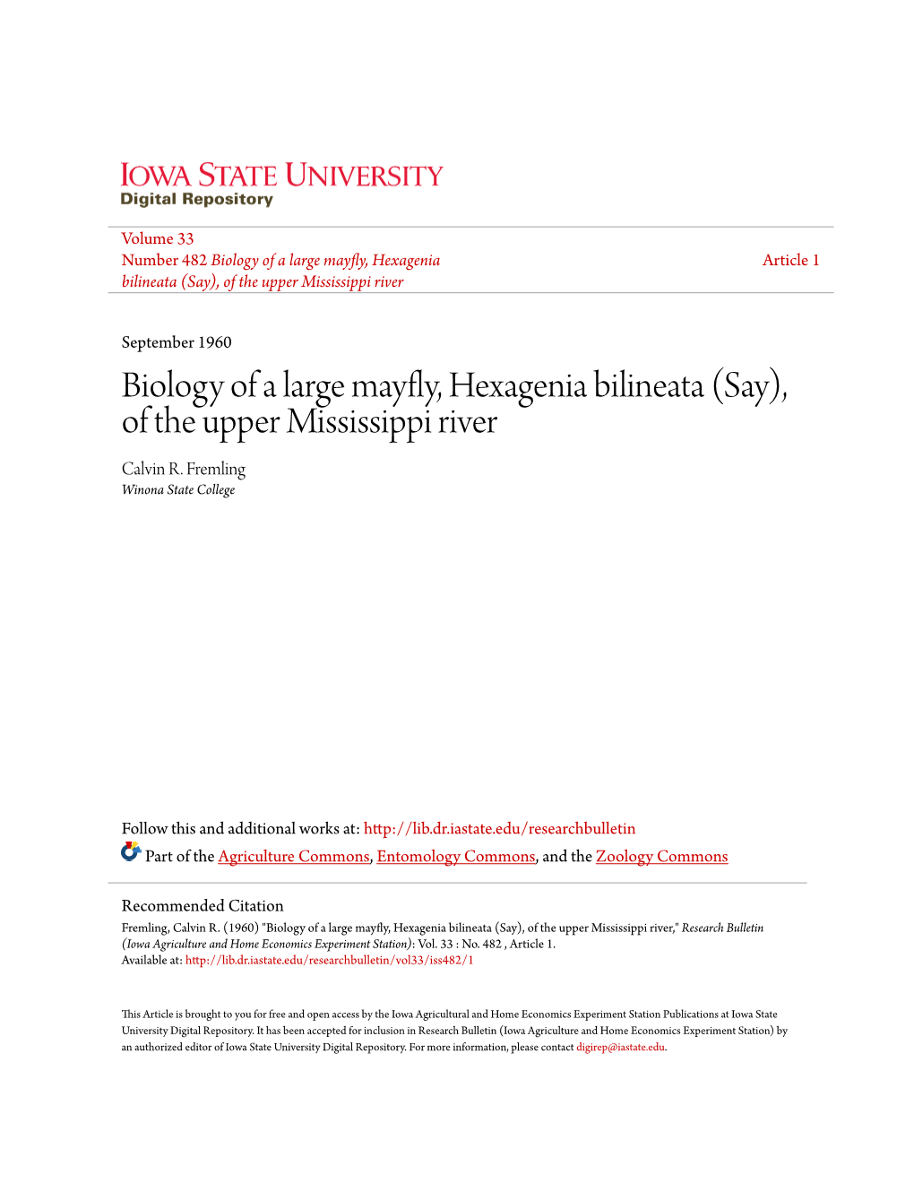 Biology of a Large Mayfly, Hexagenia Bilineata (Say), of the Upper Mississippi River Calvin R