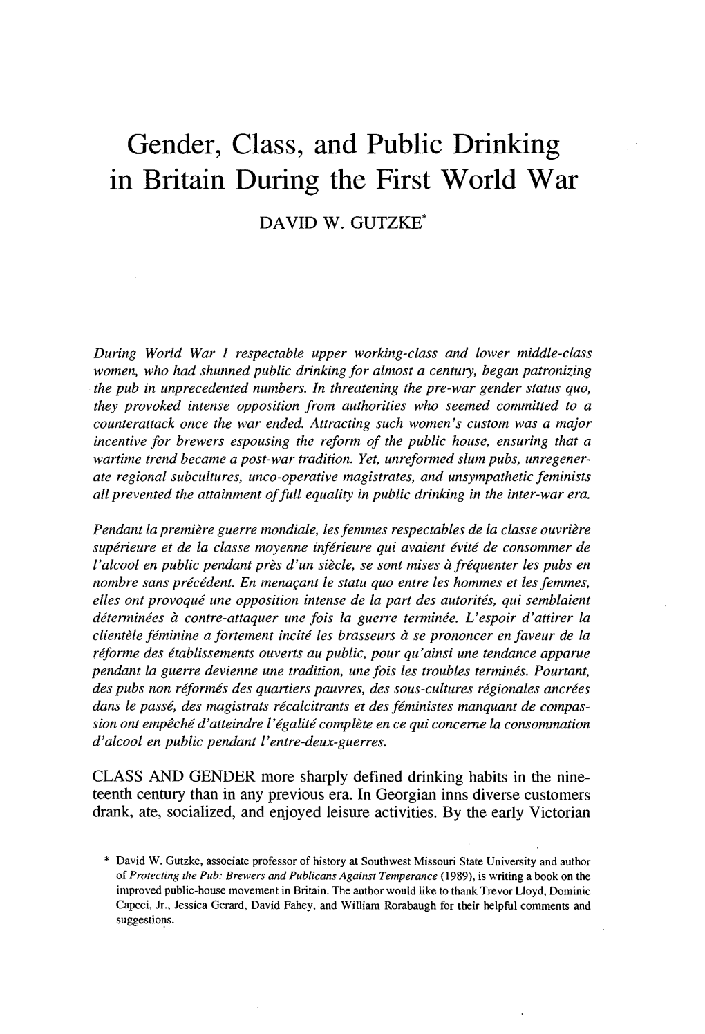 Gender, Class, and Public Drinking in Britain During the First World War