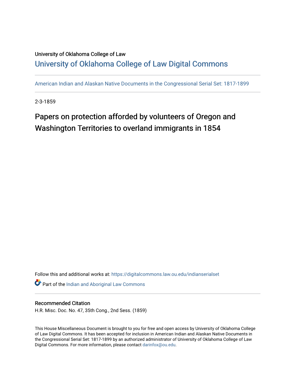 Papers on Protection Afforded by Volunteers of Oregon and Washington Territories to Overland Immigrants in 1854