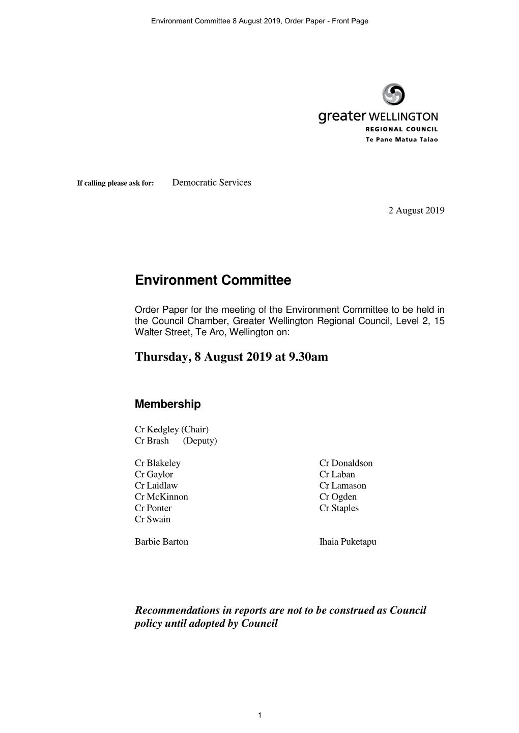 Environment Committee 8 August 2019, Order Paper - Front Page