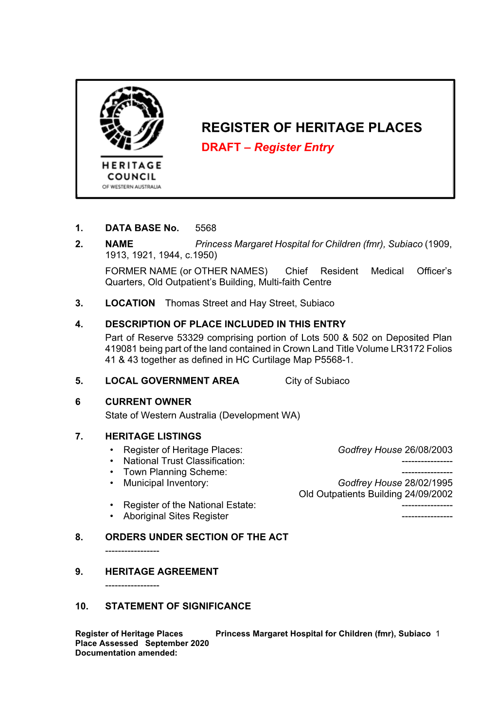 REGISTER of HERITAGE PLACES DRAFT – Register Entry