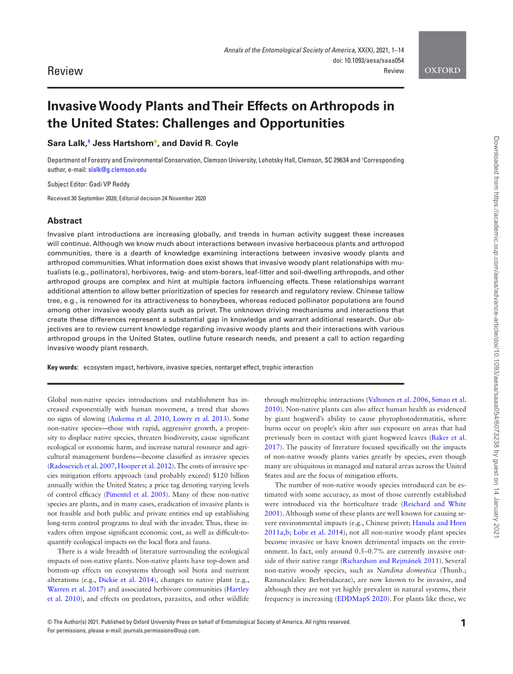 Invasive Woody Plants and Their Effects on Arthropods in the United