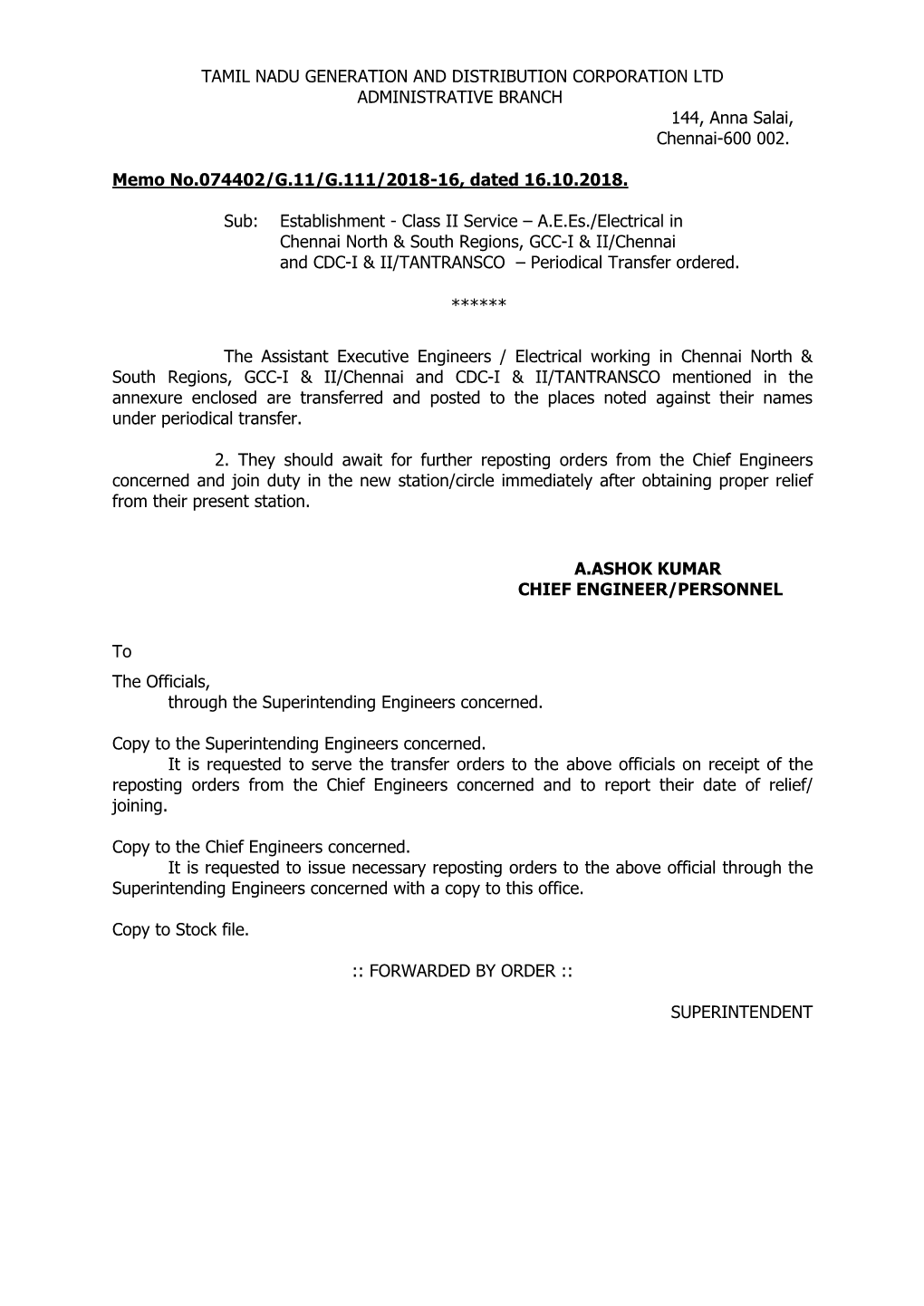 Periodical Transfer Orders Chennai North