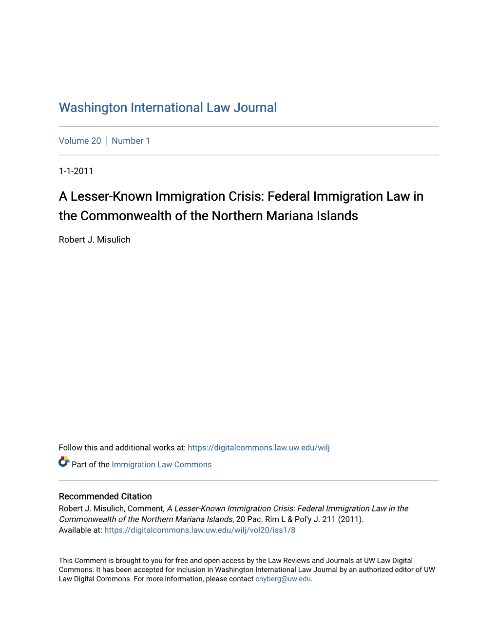 Federal Immigration Law in the Commonwealth of the Northern Mariana Islands